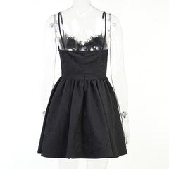 Lace hem flower applique zip-up textured lace up mini dress