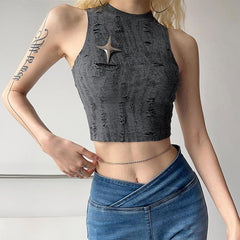 Sleeveless textured star applique hollow out solid crop top