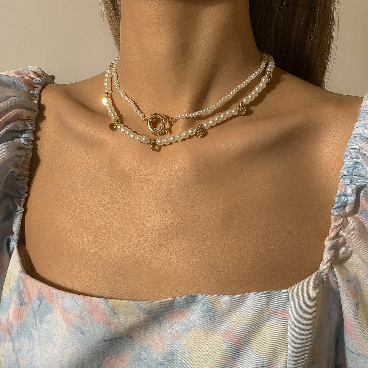 2-teiliges Choker-Halsband mit Kunstperlen 