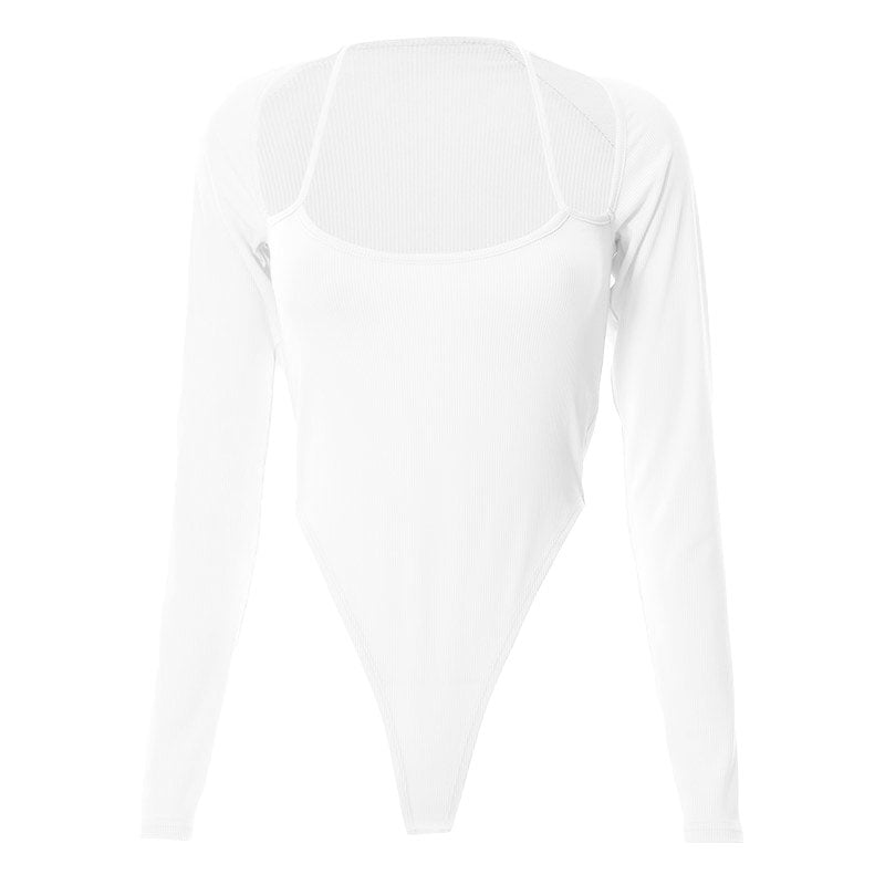 Halter solid ribbed long sleeve low cut bodysuit