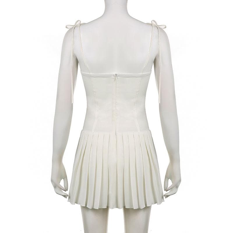 Pleated solid corset button self tie zip-up mini dress