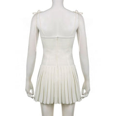 Pleated solid corset button self tie zip-up mini dress