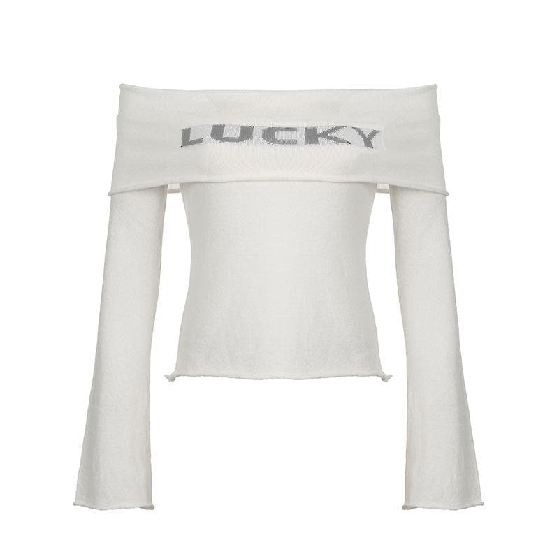 Top de manga larga con estampado "LUCKY" y hombros descubiertos 