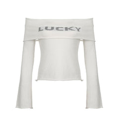 Schulterfreies Langarm-Top mit „LUCKY“-Muster