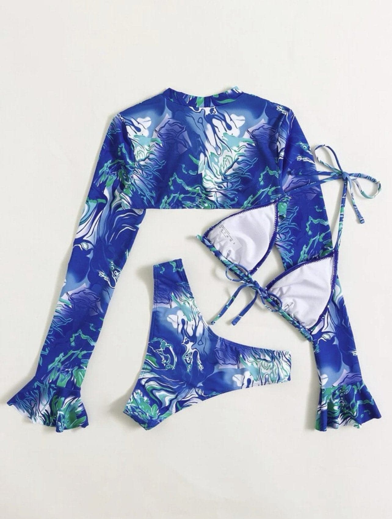 Contrast print ruffle long sleeve halter 3 piece swimwear