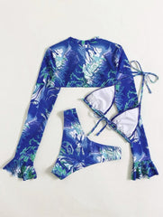 Contrast print ruffle long sleeve halter 3 piece swimwear