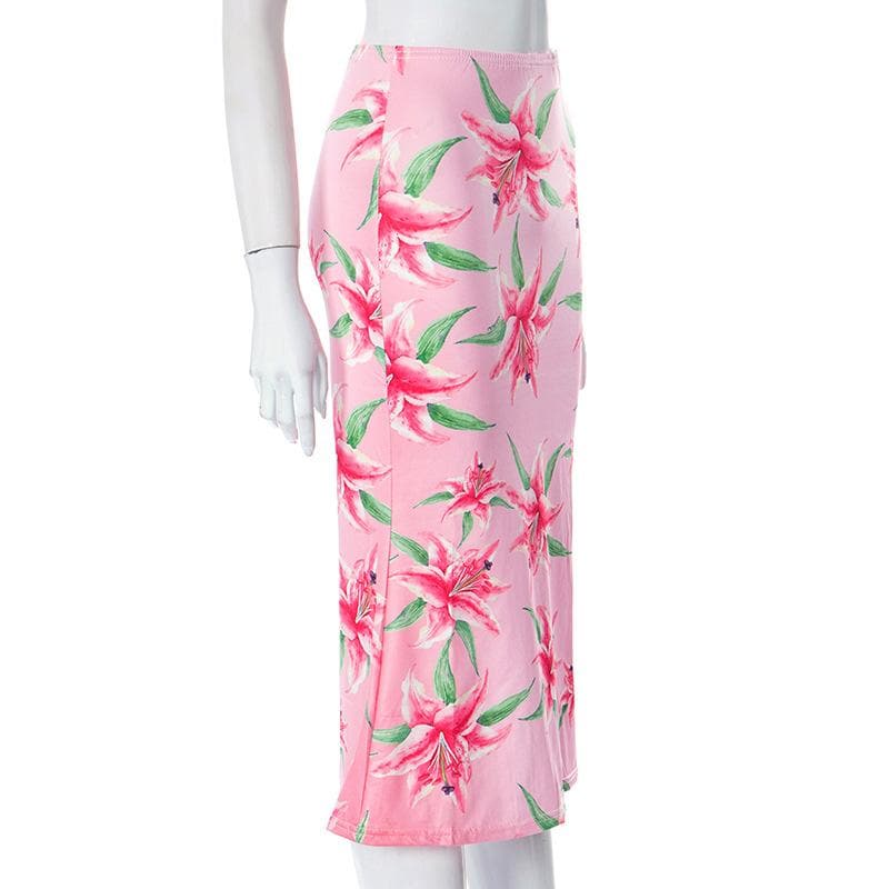 Flower print contrast high rise midi skirt