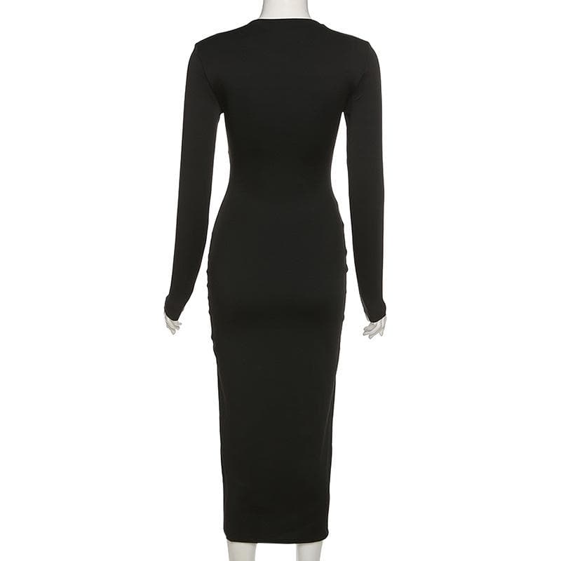 Cross front long sleeve slit notch neck solid midi dress