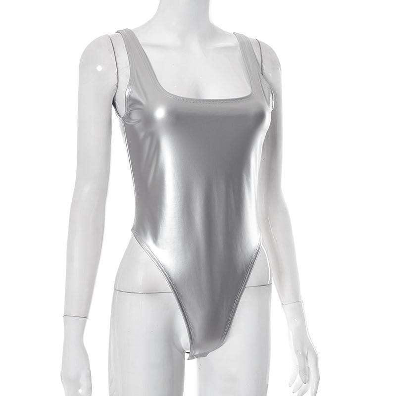 Metallic sleeveless solid square neck backless bodysuit