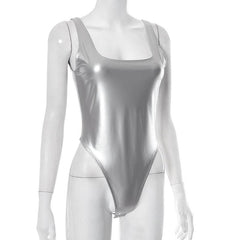 Metallic sleeveless solid square neck backless bodysuit