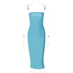 Beaded solid backless sleeveless tube midi dress