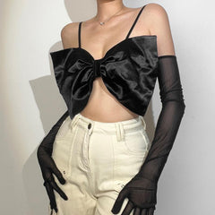 Bowknot solid gloves backless mesh cami crop top