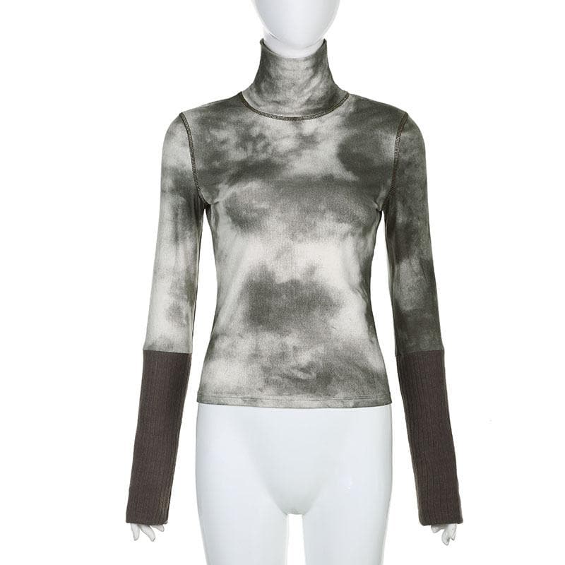 Knitted patchwork high neck tie dye contrast long sleeve top