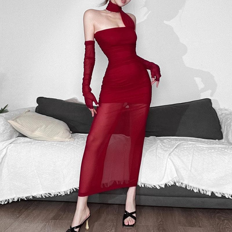 Mesh gloves ruched halter solid slit backless maxi dress