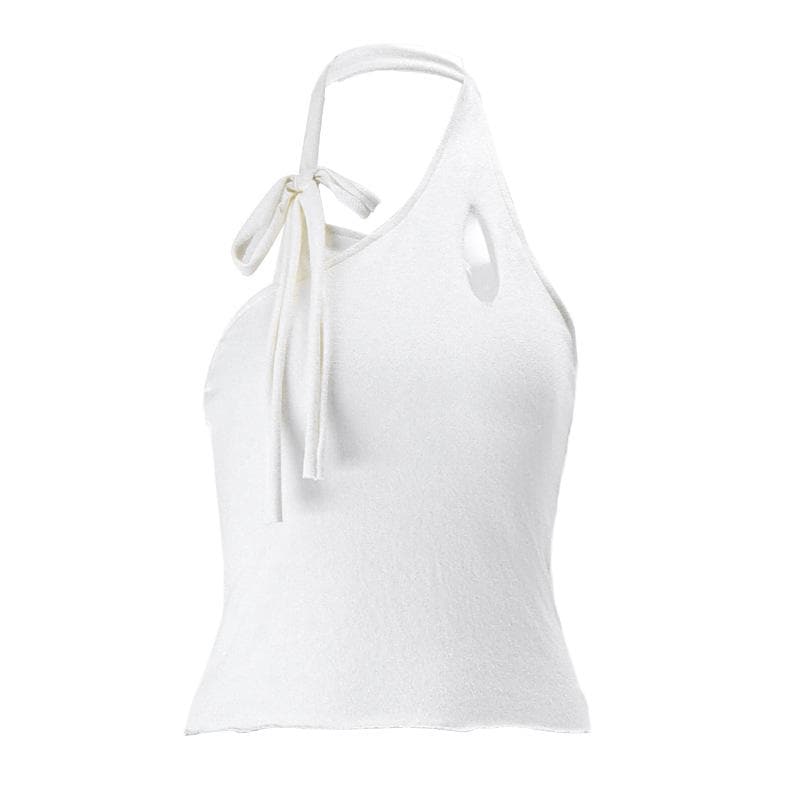 Irregular hollow out self tie halter backless crop top