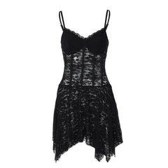 Lace see through corset solid v neck irregular cami mini dress