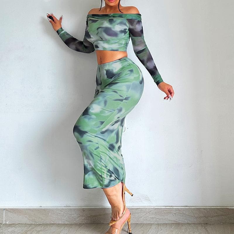 Long sleeve tie dye mesh off shoulder contrast maxi skirt set