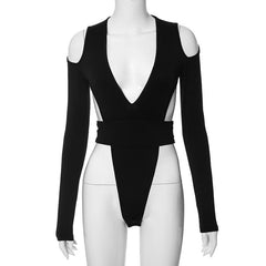 Hollow out long sleeve v neck backless solid bodysuit