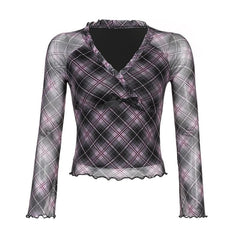 Plaid ruffle v neck mesh contrast top