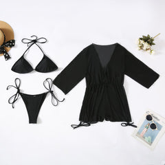 Solid halter self tie mesh long sleeve 3 piece swimwear