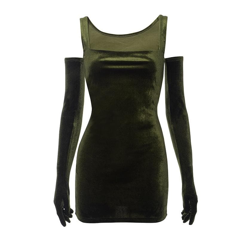 Velvet sleeveless gloves solid square neck mini dress