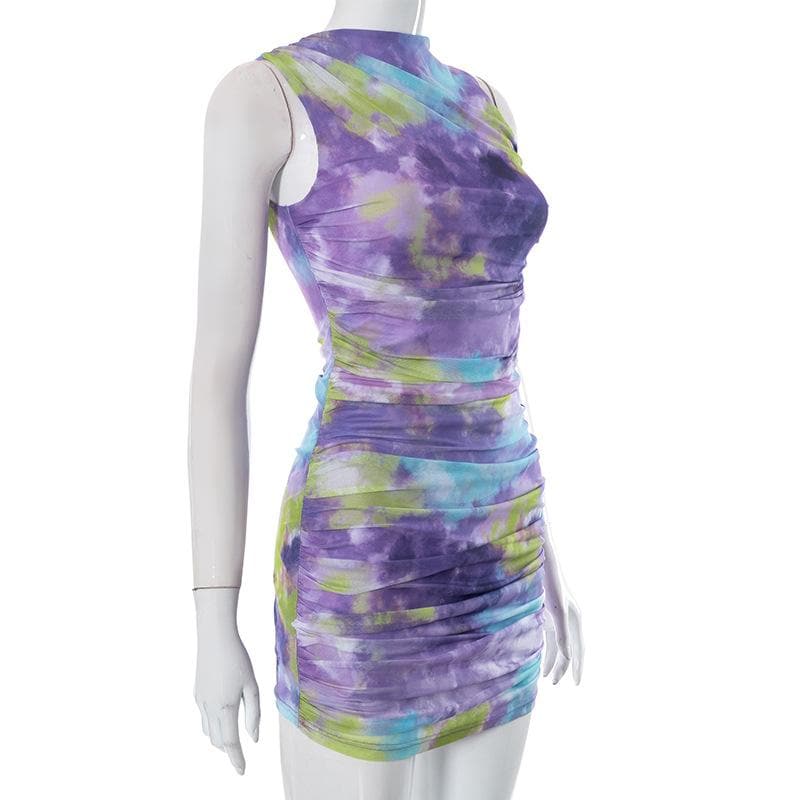 Vestido corto de malla con cuello redondo, sin mangas y efecto tie-dye fruncido - Rebajas 