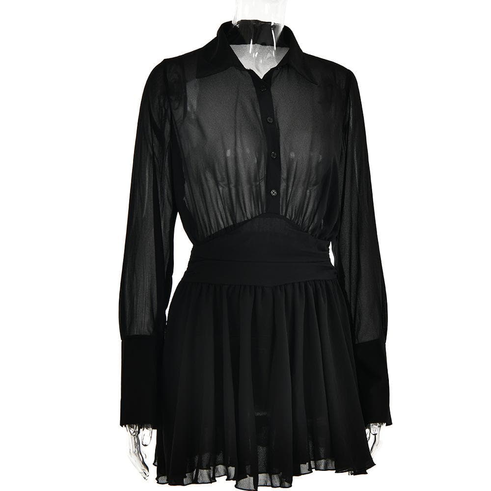 Turnover collar button long sleeve ruched zip-up chiffon mini dress