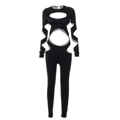 Hollow out long sleeve crewneck solid jumpsuit