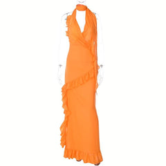 Halter v neck backless ruffle zip-up solid maxi dress