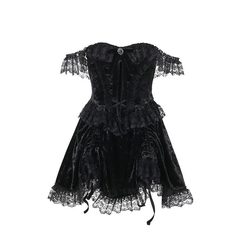 Solid velvet lace hem sleeveless ruffle lace up mini dress | victorian gothic dresses