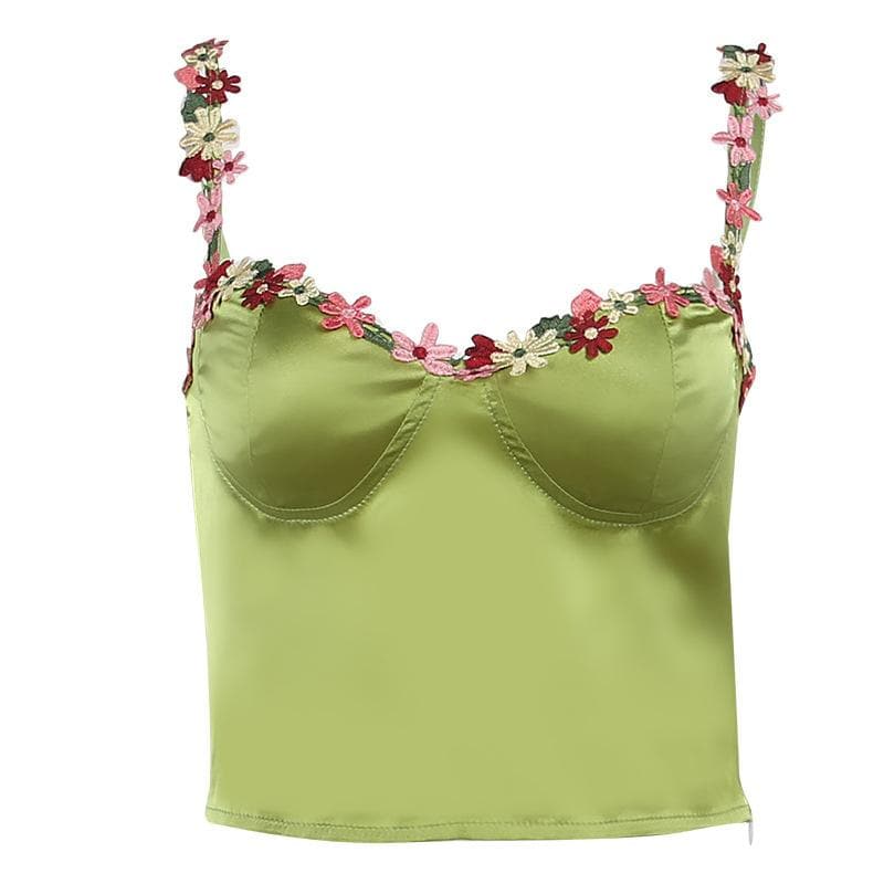 Crop Top aus Satin mit Herzausschnitt, Blumenstickerei und Reißverschluss 