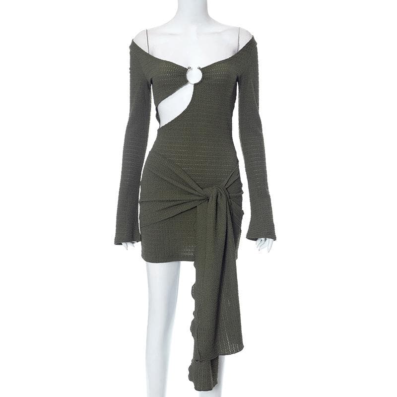 Textured o ring hollow out long sleeve self tie mini dress