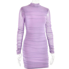 Mesh ruched zip-up long sleeve solid high neck mini dress