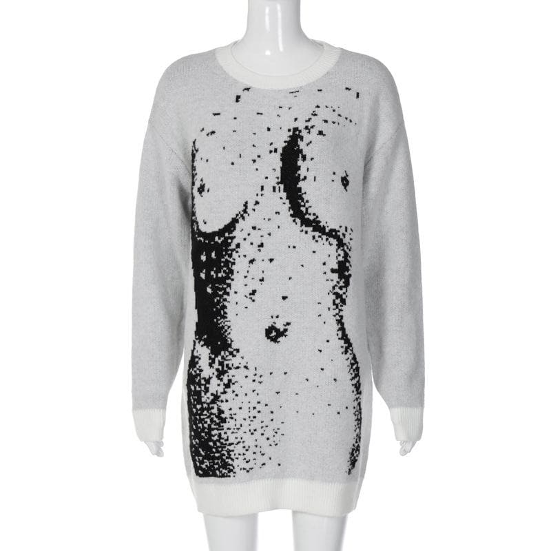 Knitted long sleeve body print contrast top