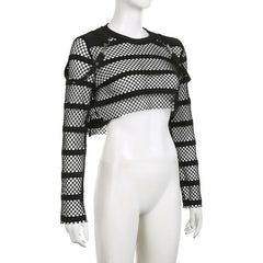 Hollow out long sleeve fishnet see through buckle solid crop top