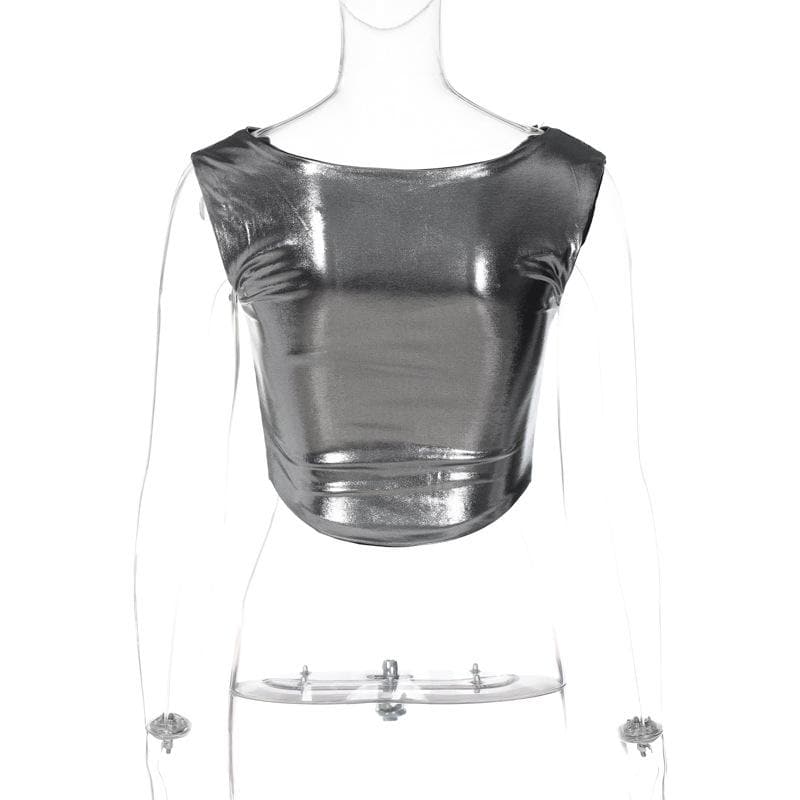 Cowl neck metallic cap sleeve ruched crop top