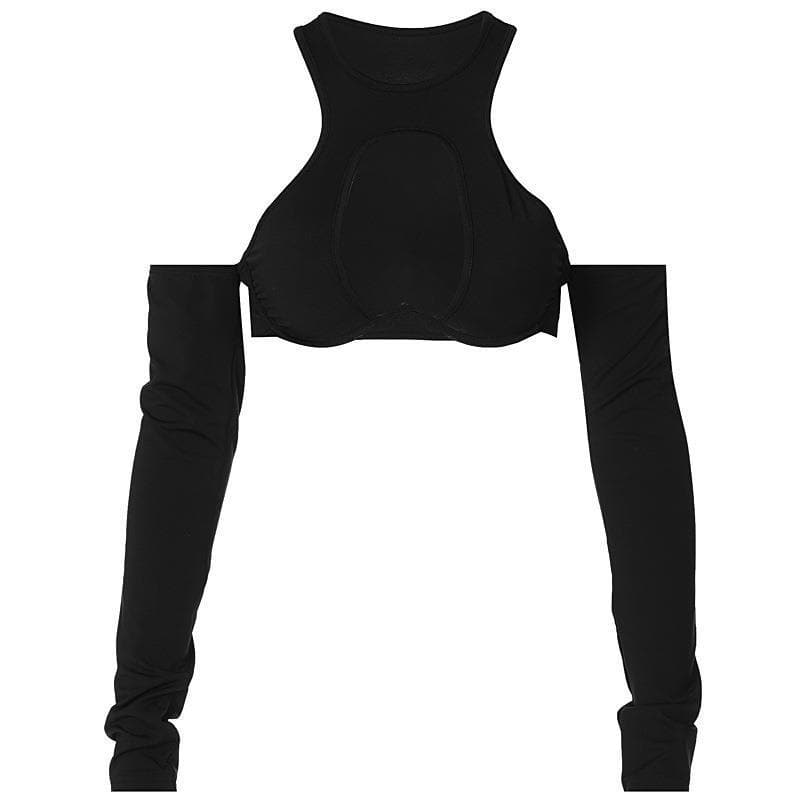 Hollow out solid round neck low cut gloves crop top