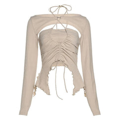 Long sleeve ruffled drawstring ruched solid 2 piece top