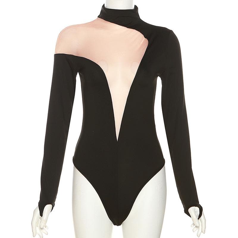 High neck gloves mesh patchwork long sleeve contrast bodysuit