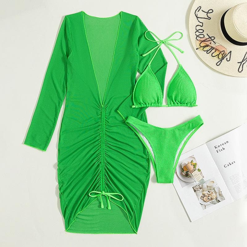 Mesh drawstring long sleeve halter backless 3 piece swimwear