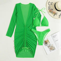 Mesh drawstring long sleeve halter backless 3 piece swimwear