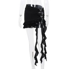 Irregular hollow out ribbon butterfly applique solid ruffle mini skirt