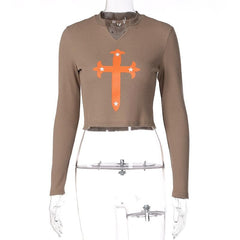 Long sleeve notch neck contrast cross pattern textured crop top