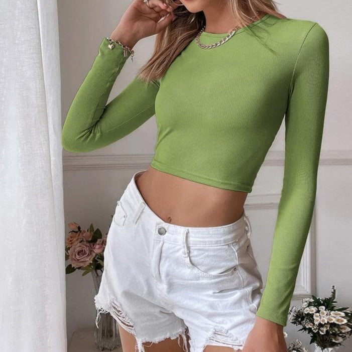 Knotted backless solid long sleeve ribbed crop top