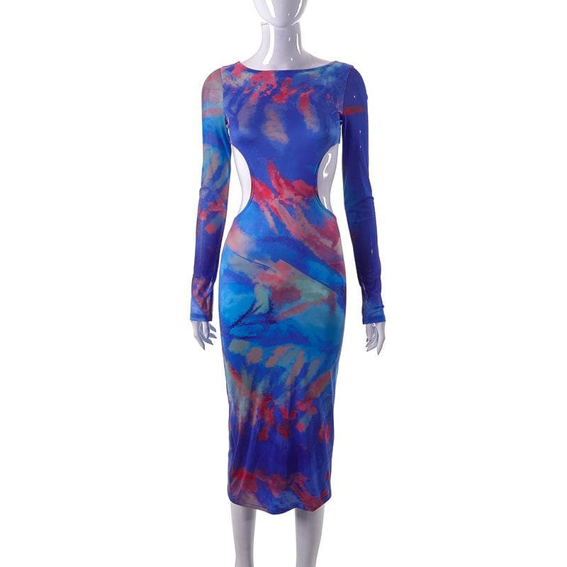 Hollow out contrast print long sleeve ruched mesh patchwork midi dress