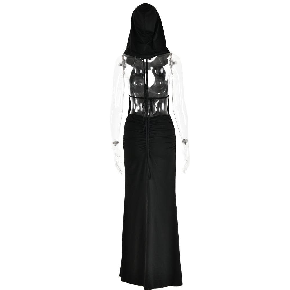 Hoodie solid sleeveless hollow out backless self tie maxi dress