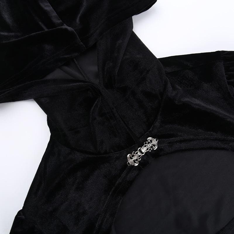 Velvet mesh long flared sleeve button hoodie shrug crop top | victorian gothic dresses