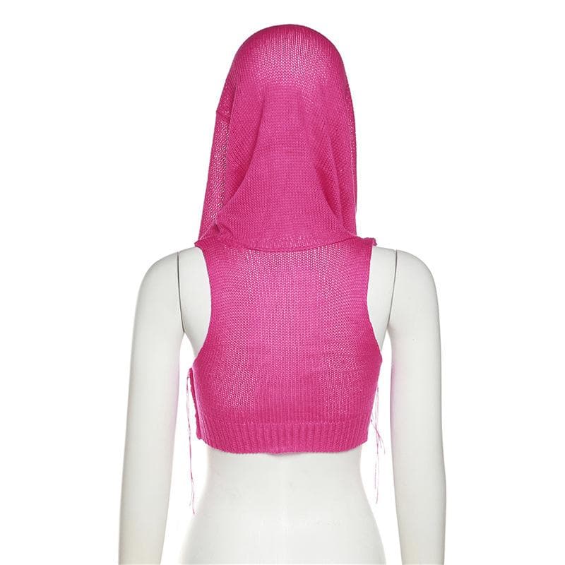 Solid sleeveless knitted stitch hoodie crop top