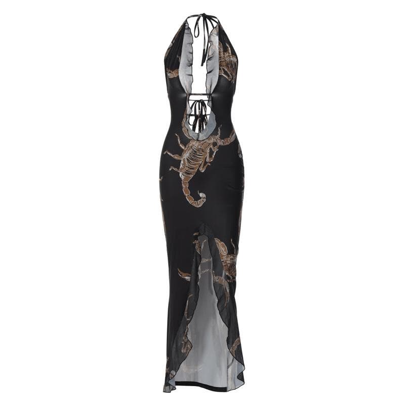 Halter self tie backless slit ruffle scorpion print contrast maxi dress