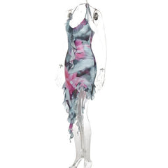 Ruffle halter irregular tie dye contrast backless mini dress